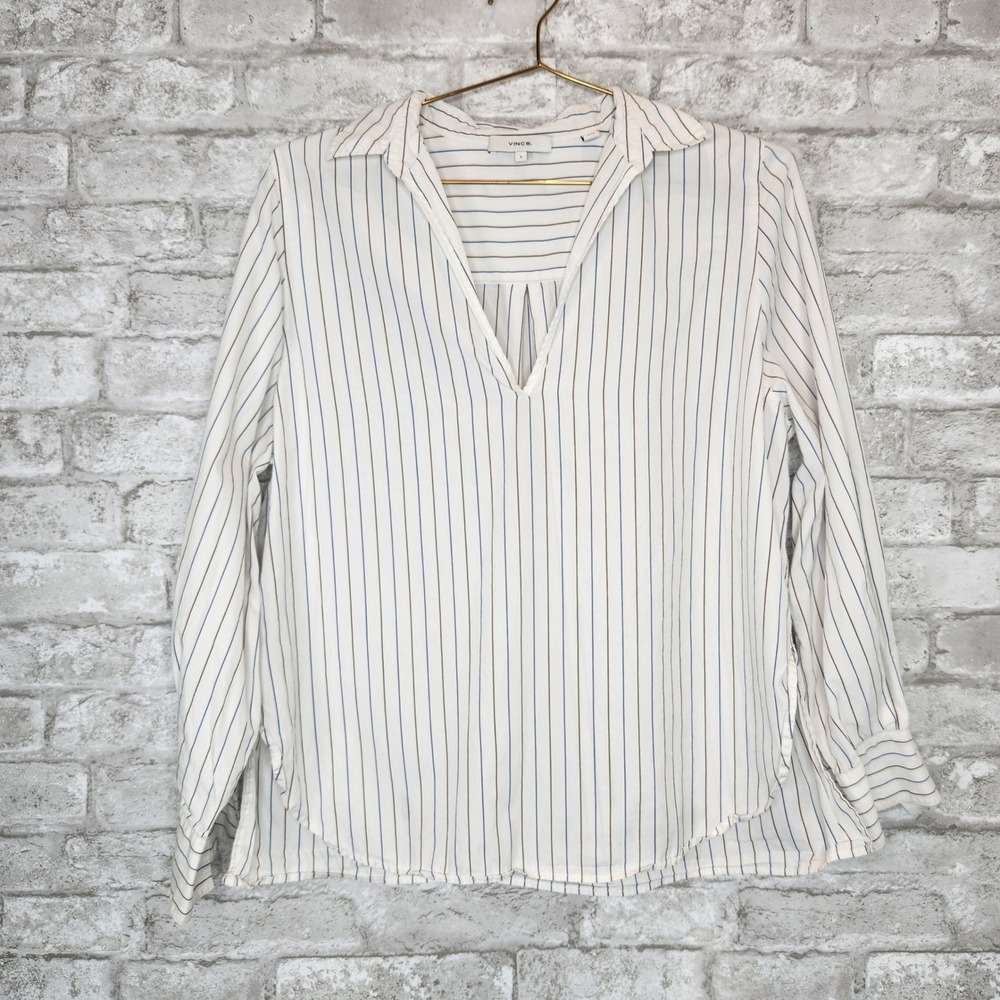 Vince Striped White Shirt V-Neck Long Sleeve Cotton Minimalist Professional S